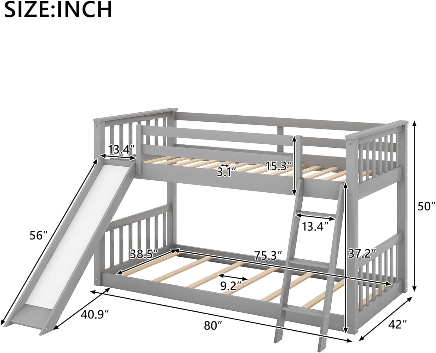 Bunk Bed Twin over Twin,Wooden Twin Bunk Bed with Slide & Angled Ladder, Low Profile Toddler Bunk Beds for Kids, Floor Bunk Beds for Girls Boys,Grey