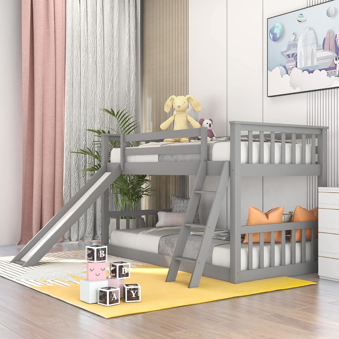 Bunk Bed Twin over Twin,Wooden Twin Bunk Bed with Slide & Angled Ladder, Low Profile Toddler Bunk Beds for Kids, Floor Bunk Beds for Girls Boys,Grey