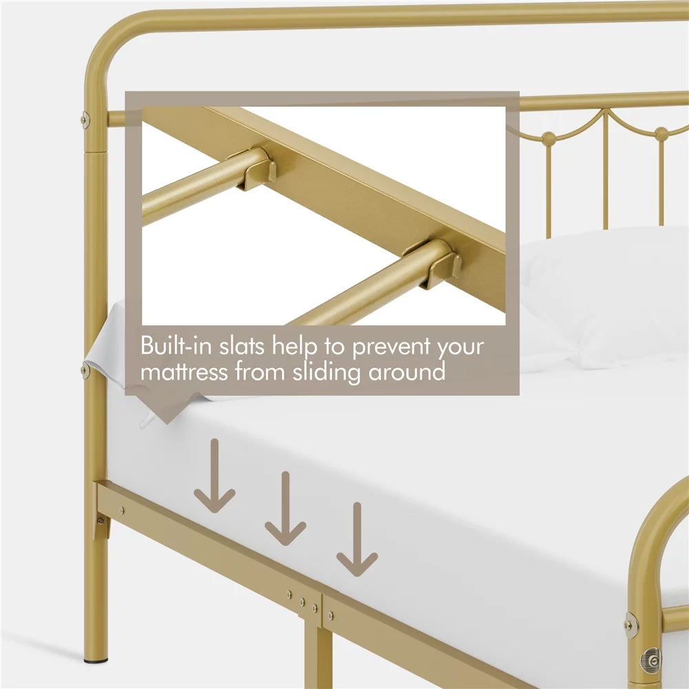 Metal Platform Full Bed with Vintage Headboard and Footboard, Antique Gold