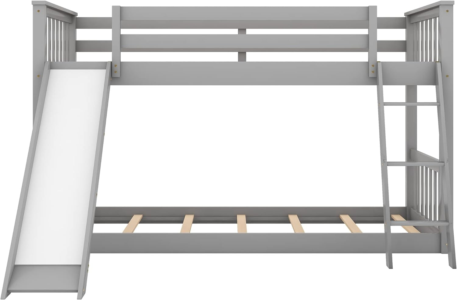 Bunk Bed Twin over Twin,Wooden Twin Bunk Bed with Slide & Angled Ladder, Low Profile Toddler Bunk Beds for Kids, Floor Bunk Beds for Girls Boys,Grey