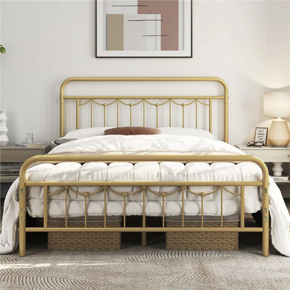 Metal Platform Full Bed with Vintage Headboard and Footboard, Antique Gold