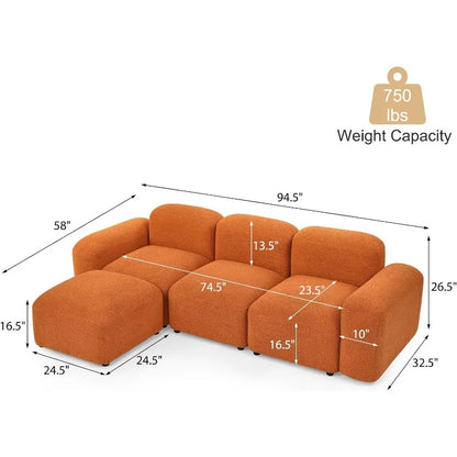 Convertible Modular Sectional Sofa, Boucle Fabric L-Shaped Modern Bubble Couch with Ottoman, 3-Seater Sherpa Teddy Sofas