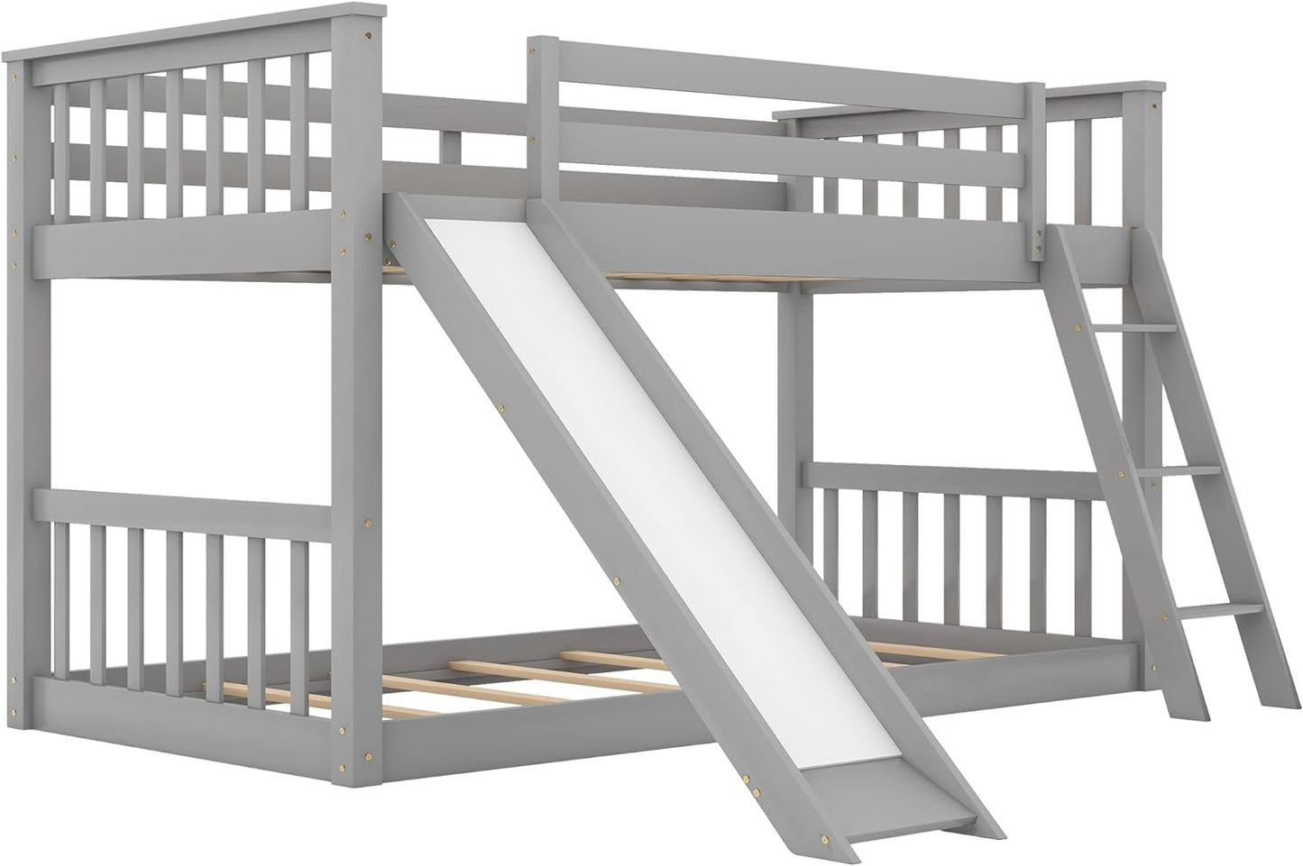 Bunk Bed Twin over Twin,Wooden Twin Bunk Bed with Slide & Angled Ladder, Low Profile Toddler Bunk Beds for Kids, Floor Bunk Beds for Girls Boys,Grey