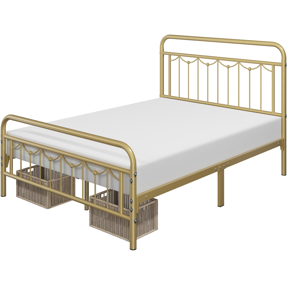 Metal Platform Full Bed with Vintage Headboard and Footboard, Antique Gold