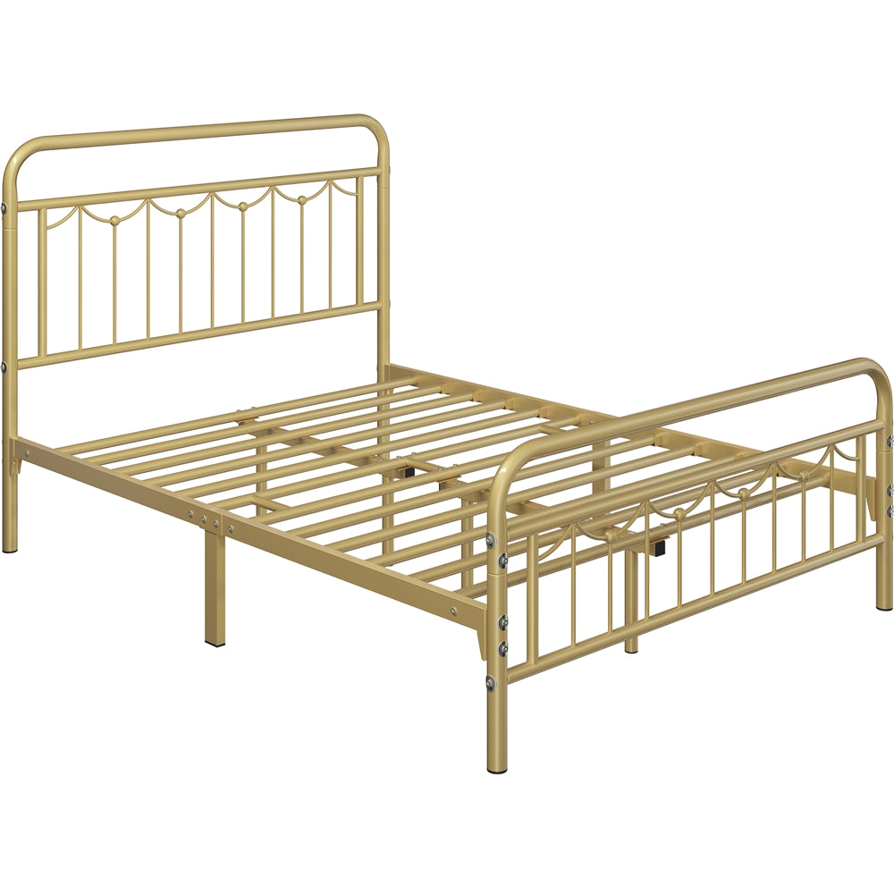 Metal Platform Full Bed with Vintage Headboard and Footboard, Antique Gold