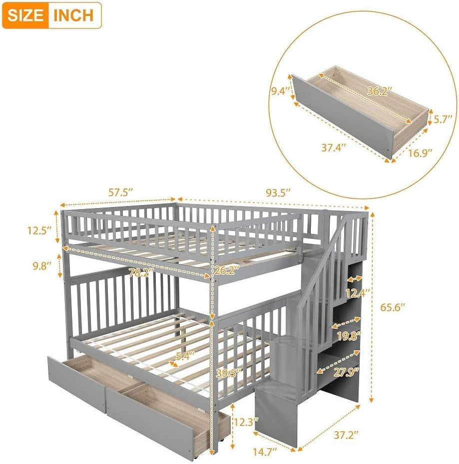 Bunk Beds Full over Full Size, Solid Wood Full Bunk Beds with Drawers and Stairway, Full Length Guardrail, No Box Spring Needed (Grey Full over Full Bunk Beds)