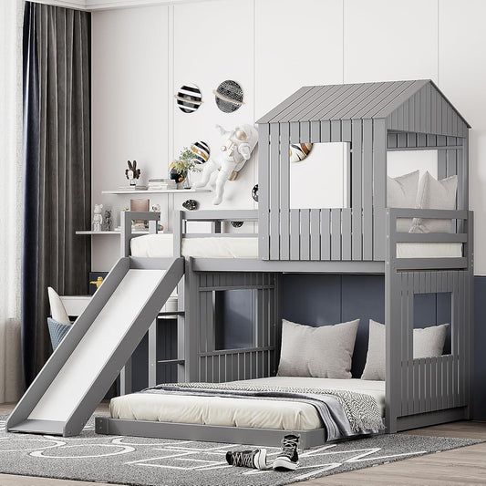 House Bunk Beds Twin over Full Size, Wood Bunk Beds with Roof and Window (Grey, Twin over Full (With Slide))