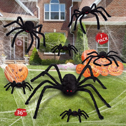 7 Pcs Halloween Spider Decorations, Scary Spider Props Halloween Outdoor Decoration (36", 24", 20", 20", 12", 12", 12")