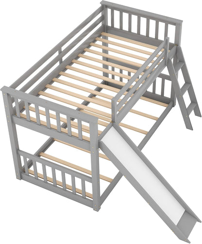 Bunk Bed Twin over Twin,Wooden Twin Bunk Bed with Slide & Angled Ladder, Low Profile Toddler Bunk Beds for Kids, Floor Bunk Beds for Girls Boys,Grey